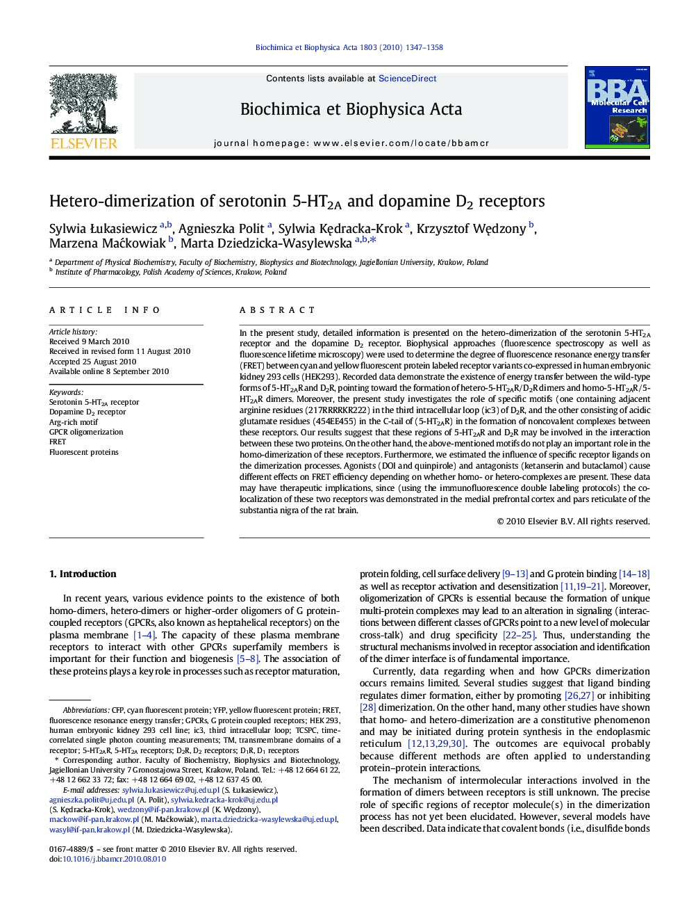 Hetero-dimerization of serotonin 5-HT2A and dopamine D2 receptors