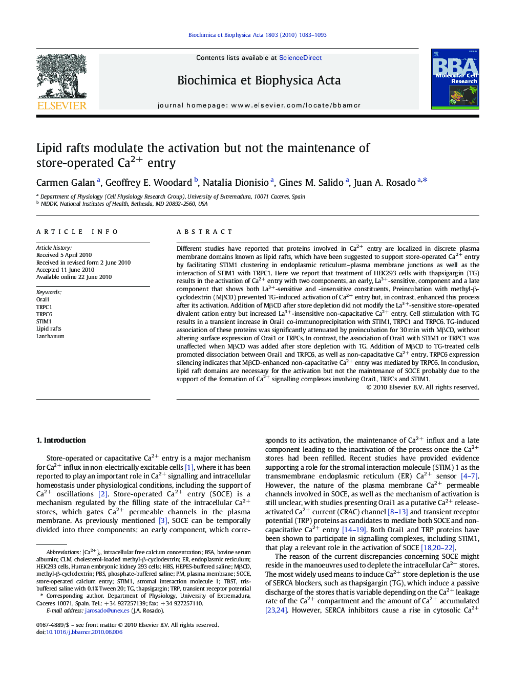 Lipid rafts modulate the activation but not the maintenance of store-operated Ca2+ entry