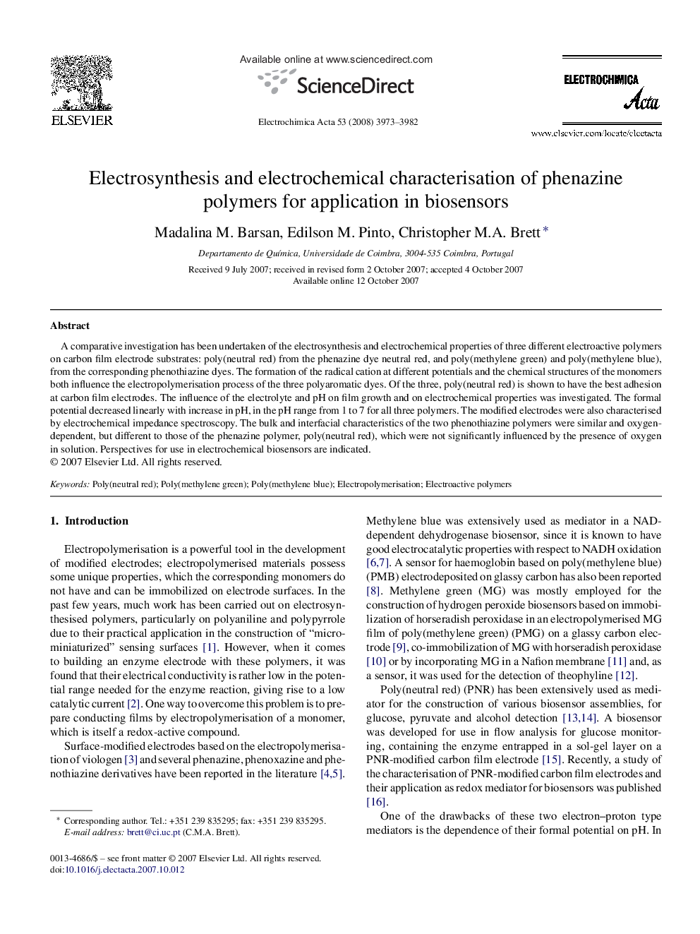 Electrosynthesis and electrochemical characterisation of phenazine polymers for application in biosensors