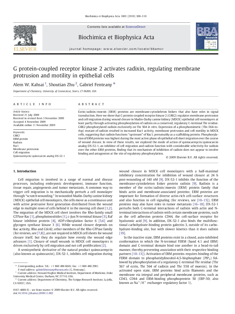 G protein-coupled receptor kinase 2 activates radixin, regulating membrane protrusion and motility in epithelial cells