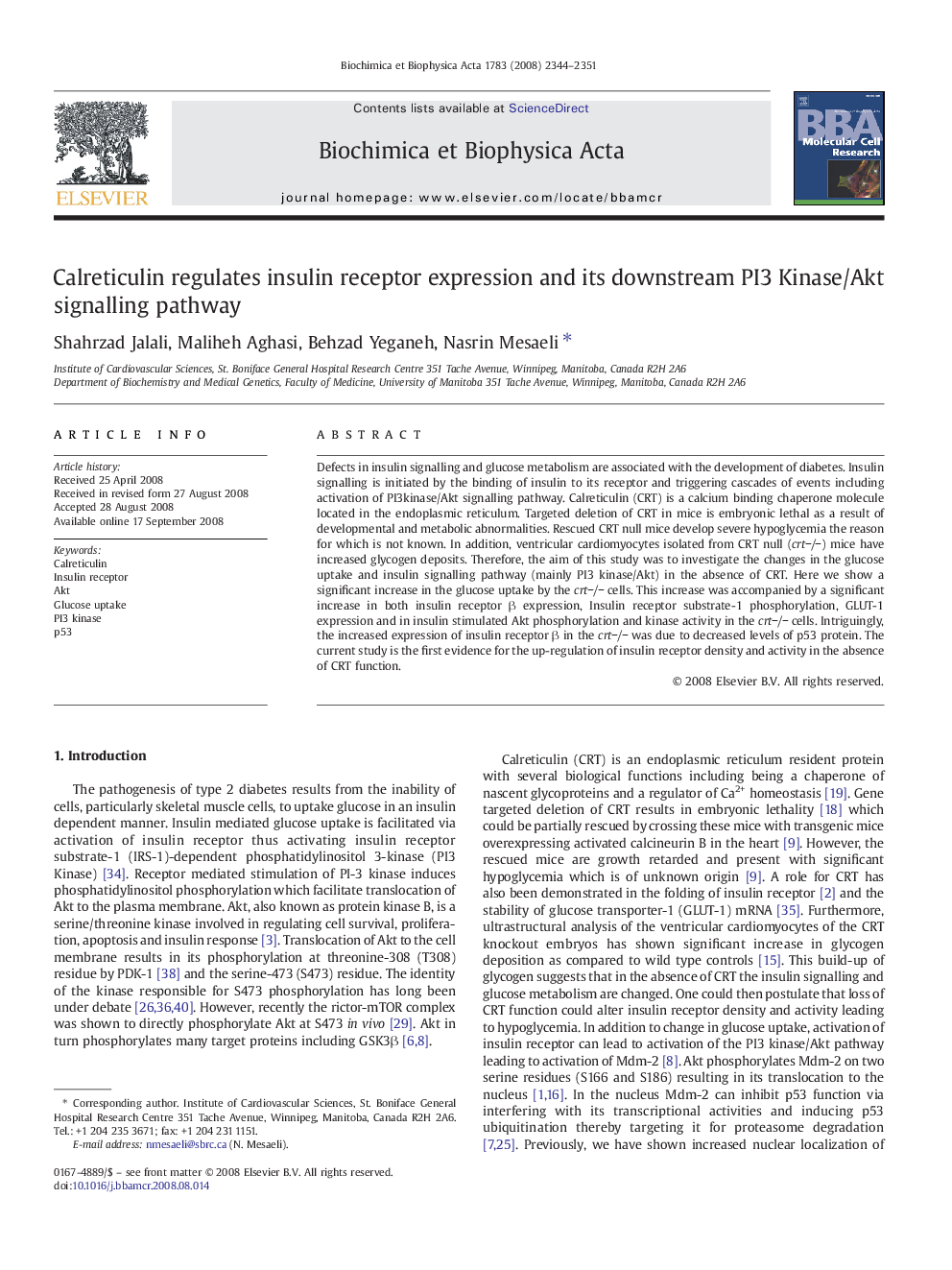 Calreticulin regulates insulin receptor expression and its downstream PI3 Kinase/Akt signalling pathway