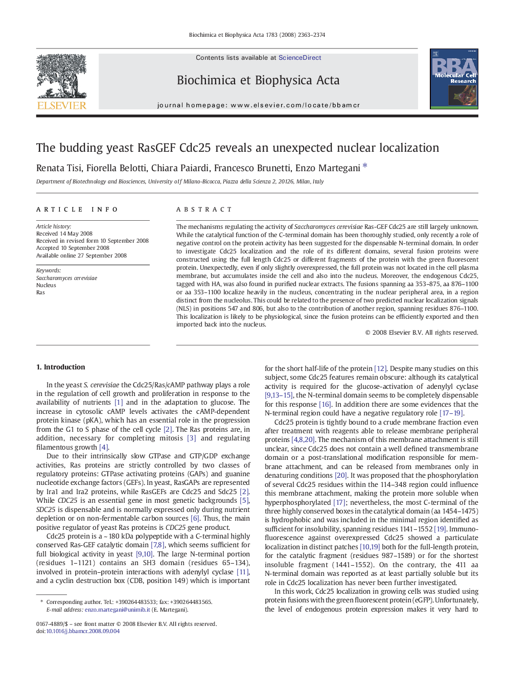 The budding yeast RasGEF Cdc25 reveals an unexpected nuclear localization