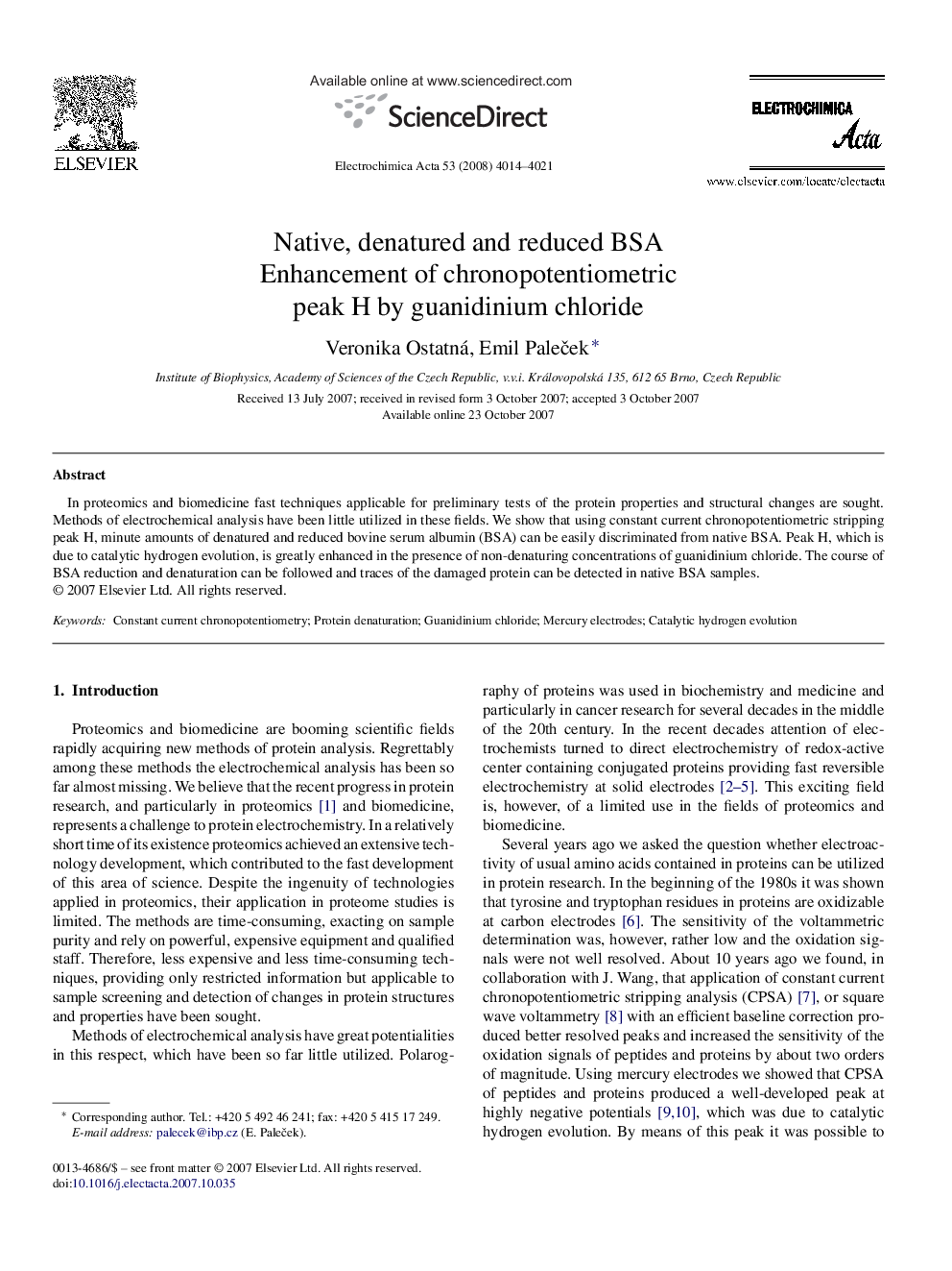 Native, denatured and reduced BSA: Enhancement of chronopotentiometric peak H by guanidinium chloride