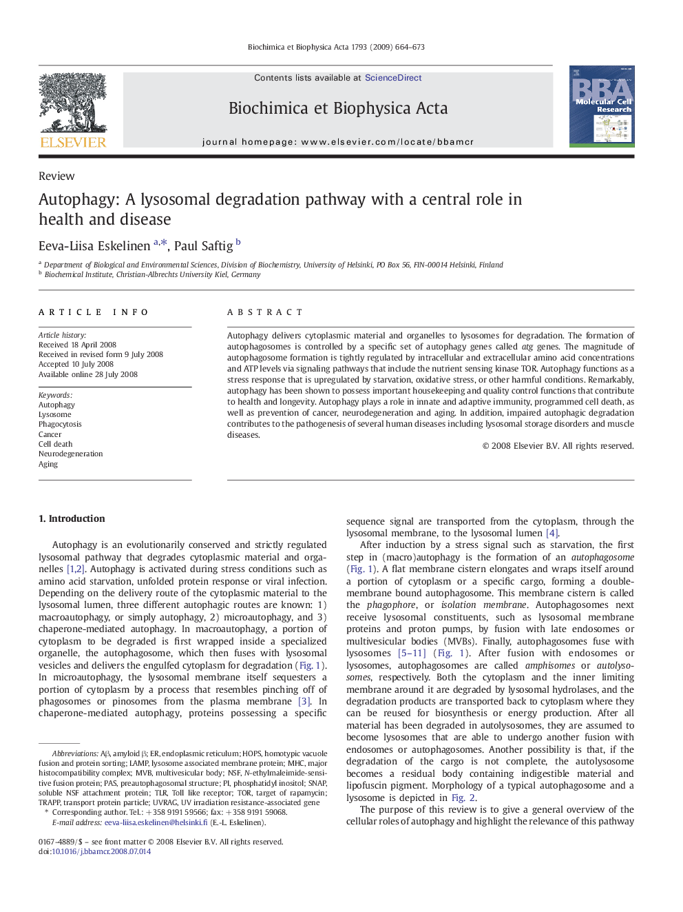 Autophagy: A lysosomal degradation pathway with a central role in health and disease