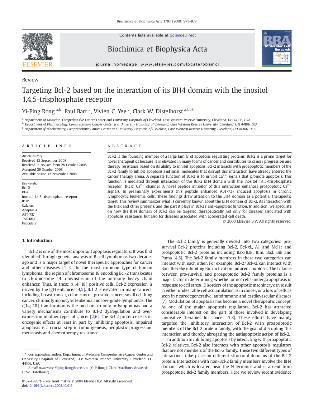 Targeting Bcl-2 based on the interaction of its BH4 domain with the inositol 1,4,5-trisphosphate receptor