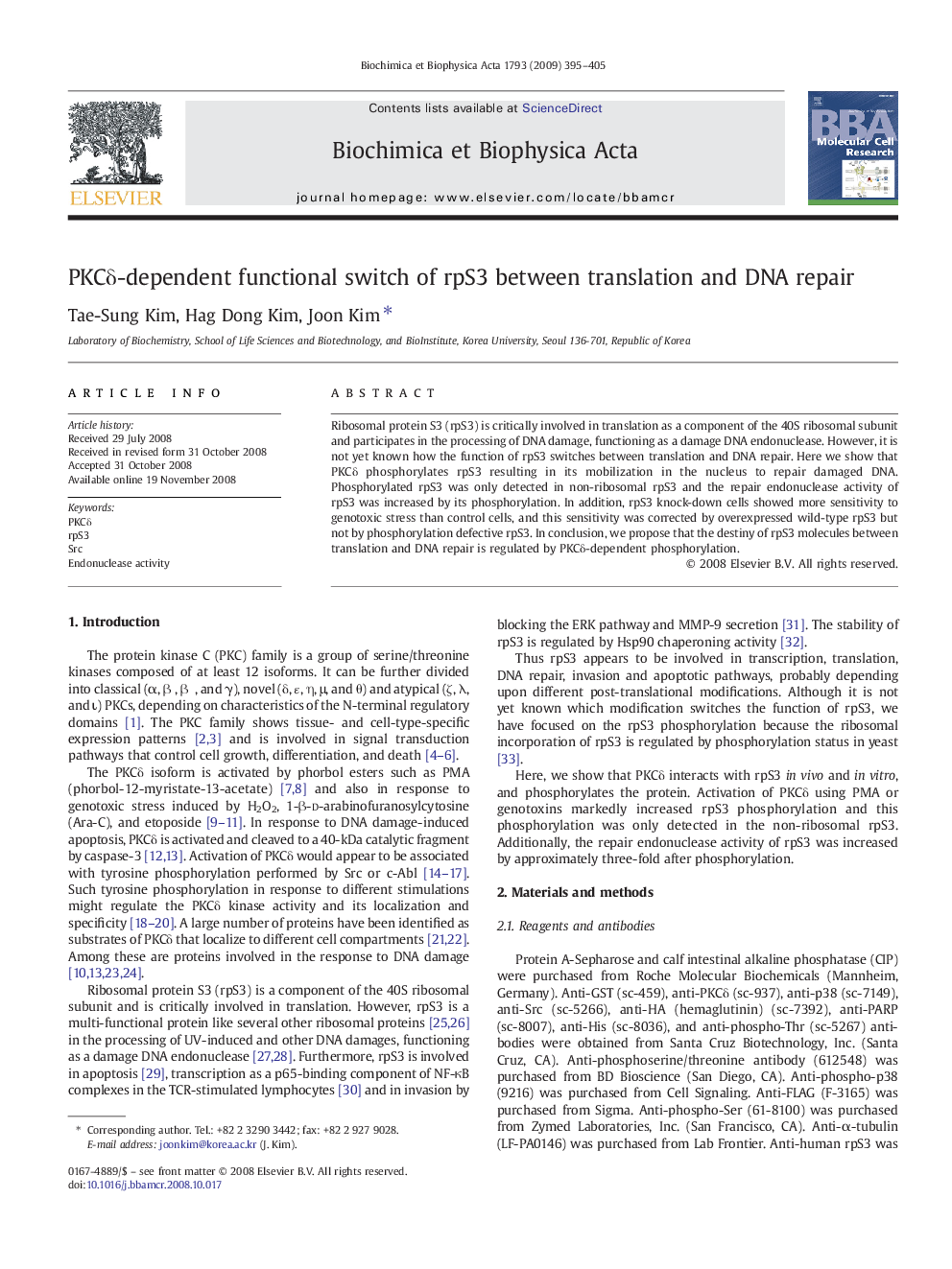 PKCδ-dependent functional switch of rpS3 between translation and DNA repair