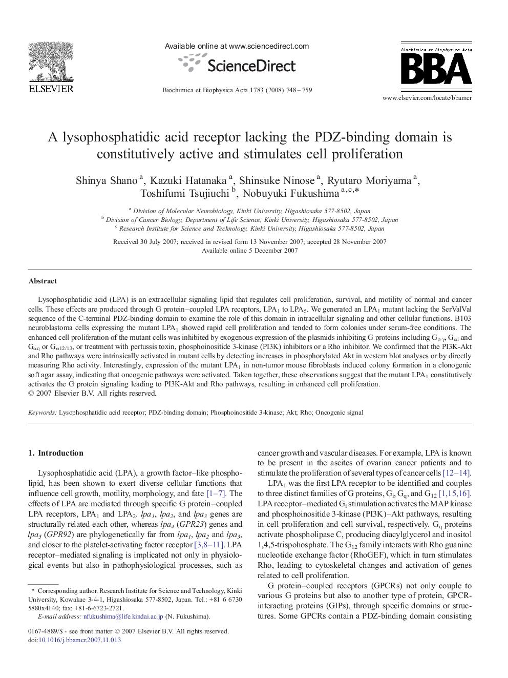 A lysophosphatidic acid receptor lacking the PDZ-binding domain is constitutively active and stimulates cell proliferation