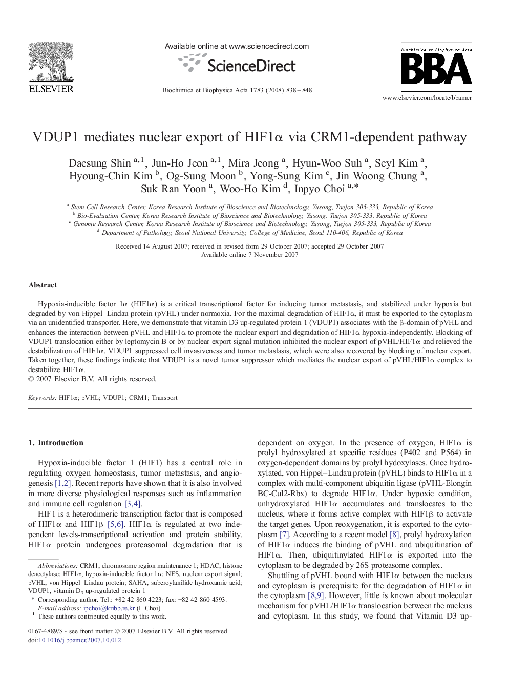 VDUP1 mediates nuclear export of HIF1α via CRM1-dependent pathway