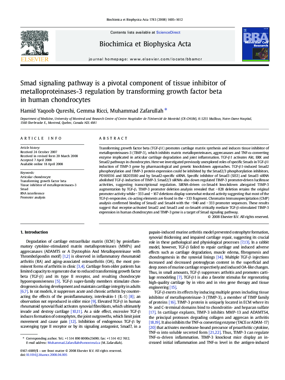 Smad signaling pathway is a pivotal component of tissue inhibitor of metalloproteinases-3 regulation by transforming growth factor beta in human chondrocytes