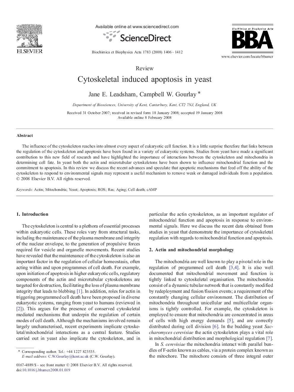 Cytoskeletal induced apoptosis in yeast