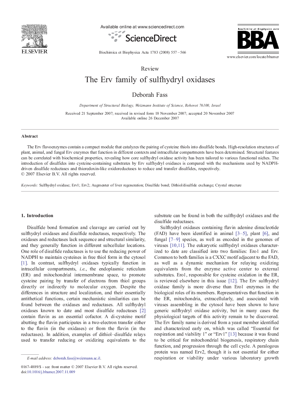 The Erv family of sulfhydryl oxidases