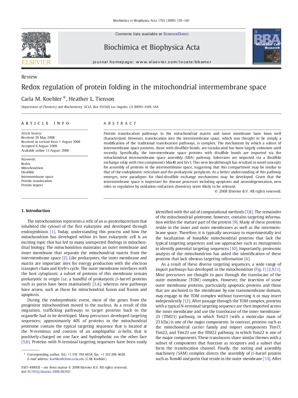 Redox regulation of protein folding in the mitochondrial intermembrane space