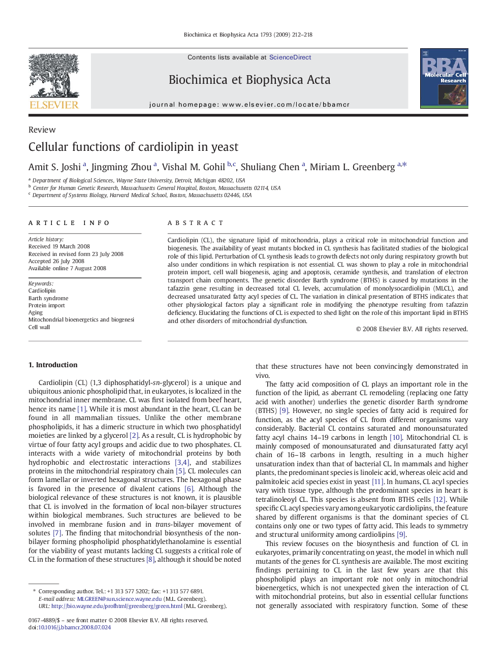 Cellular functions of cardiolipin in yeast