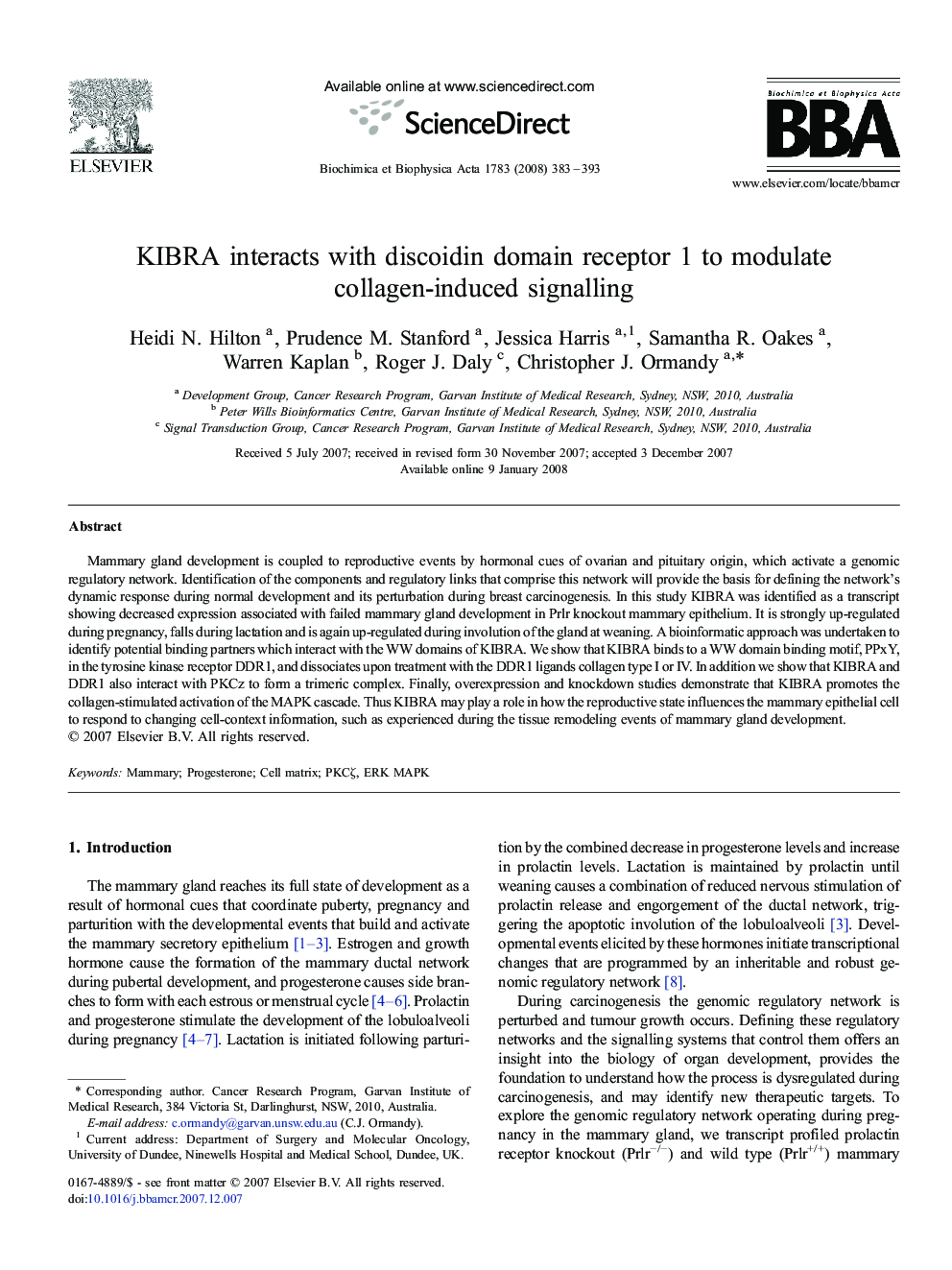 KIBRA interacts with discoidin domain receptor 1 to modulate collagen-induced signalling