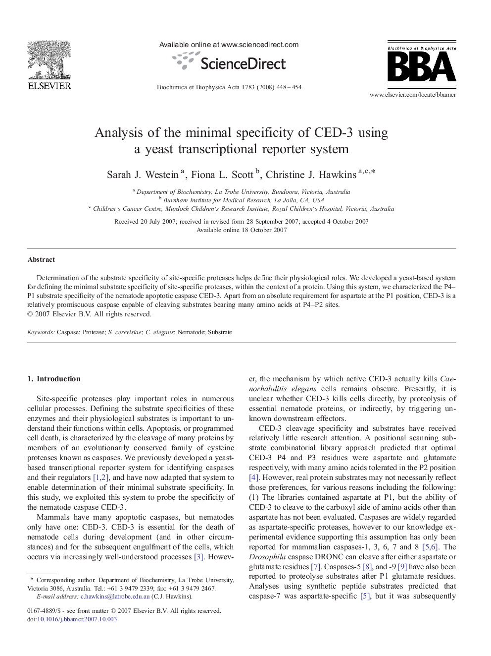 Analysis of the minimal specificity of CED-3 using a yeast transcriptional reporter system