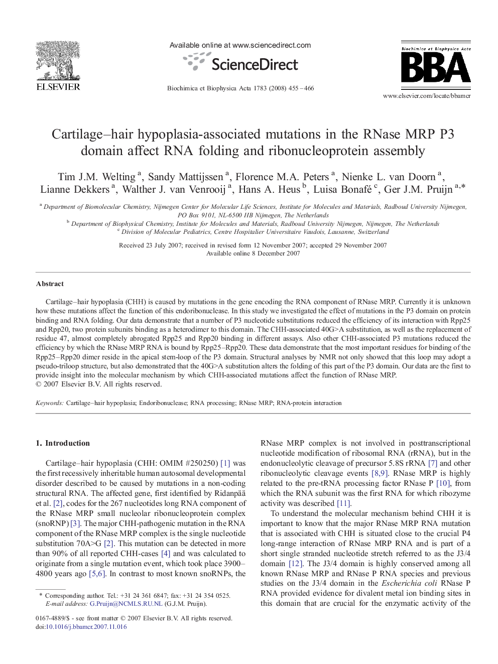 Cartilage–hair hypoplasia-associated mutations in the RNase MRP P3 domain affect RNA folding and ribonucleoprotein assembly