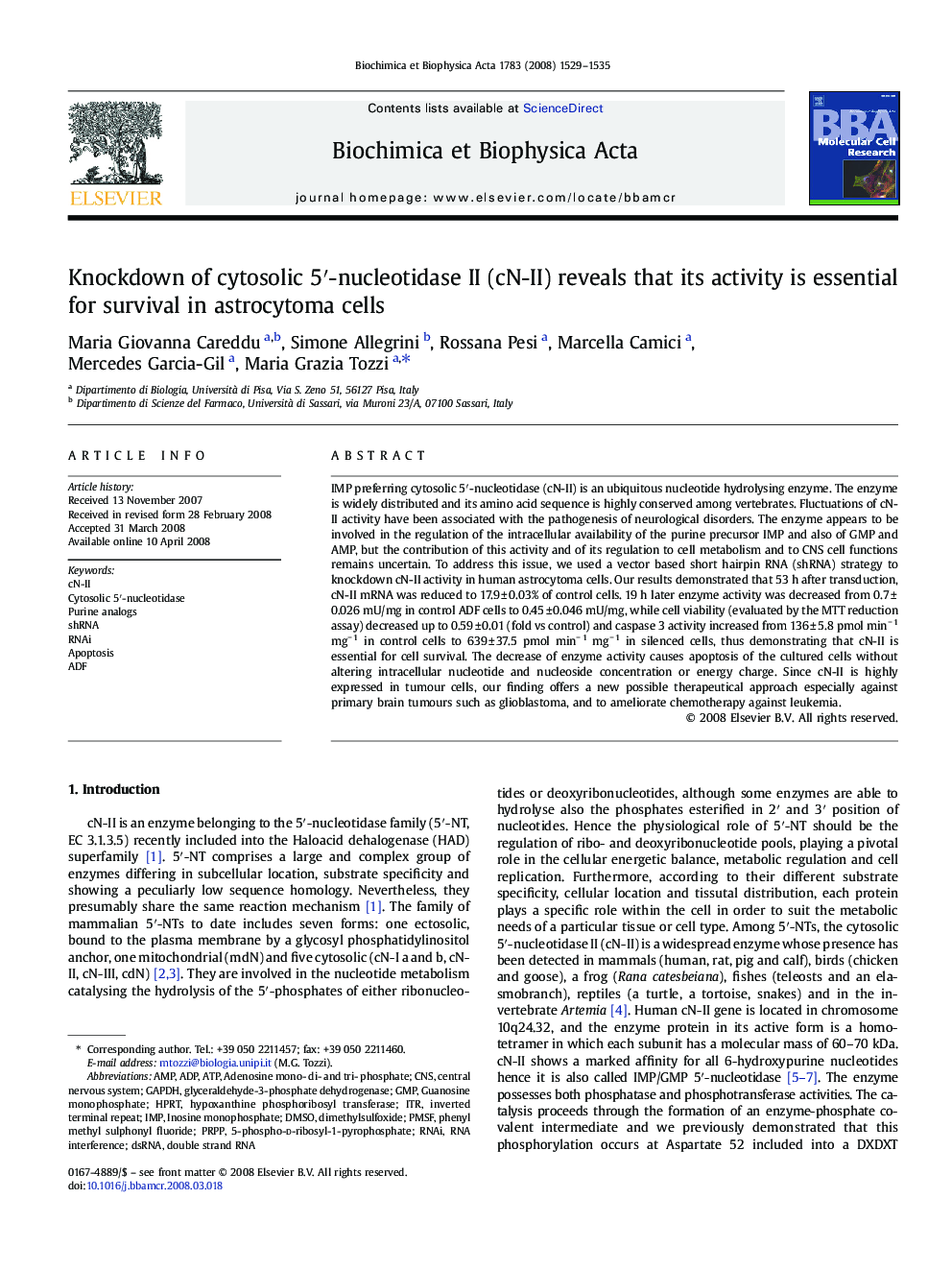 Knockdown of cytosolic 5′-nucleotidase II (cN-II) reveals that its activity is essential for survival in astrocytoma cells