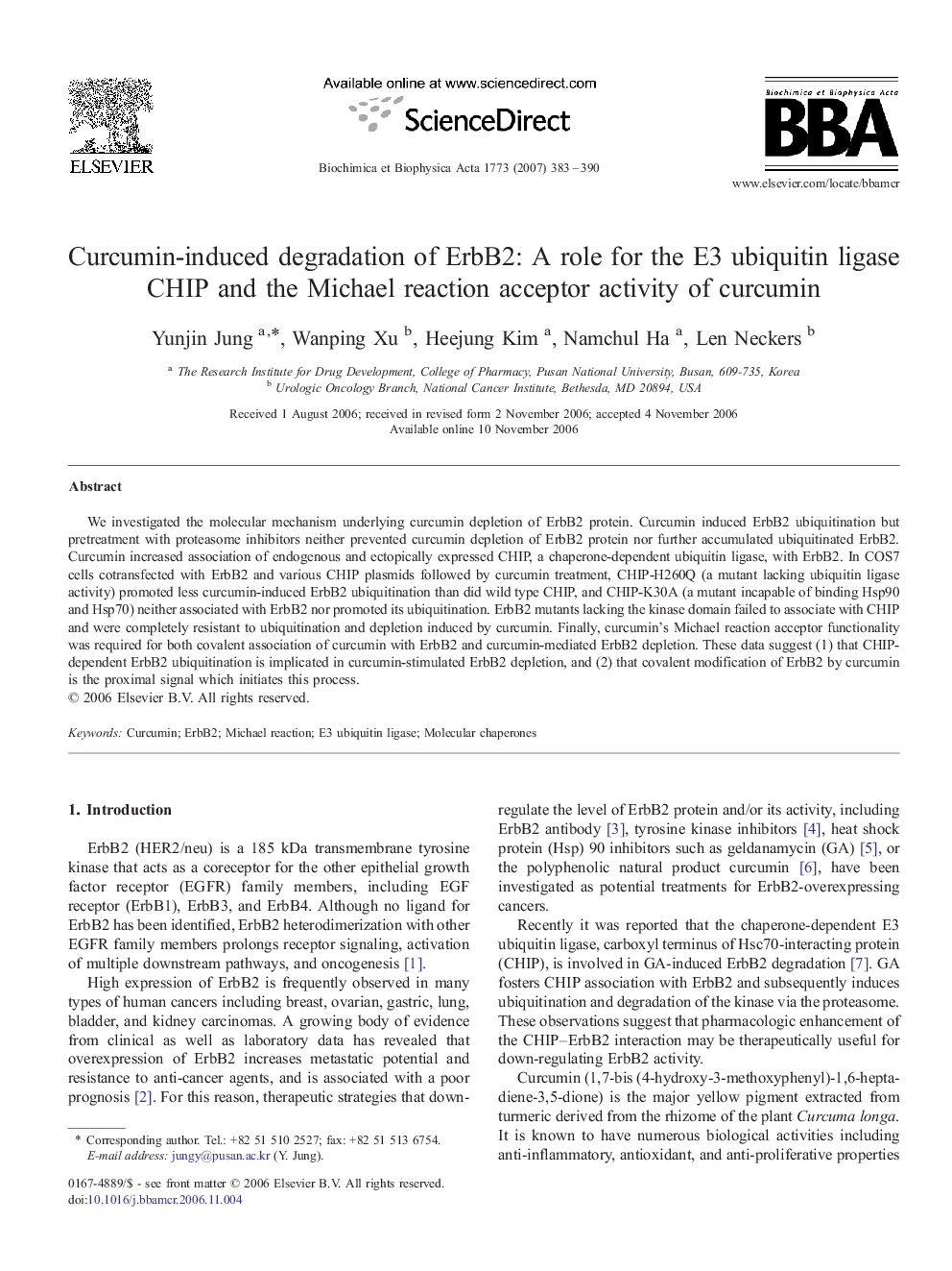 Curcumin-induced degradation of ErbB2: A role for the E3 ubiquitin ligase CHIP and the Michael reaction acceptor activity of curcumin