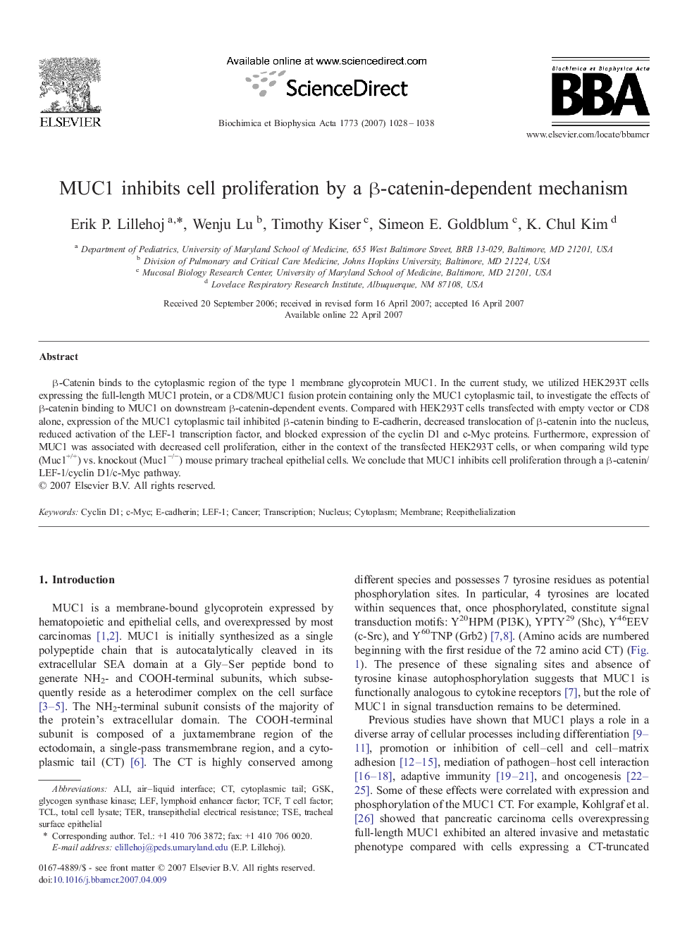 MUC1 inhibits cell proliferation by a β-catenin-dependent mechanism