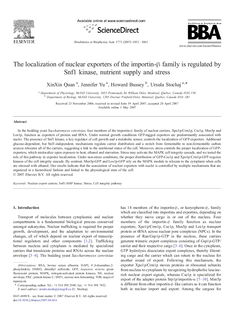 The localization of nuclear exporters of the importin-β family is regulated by Snf1 kinase, nutrient supply and stress