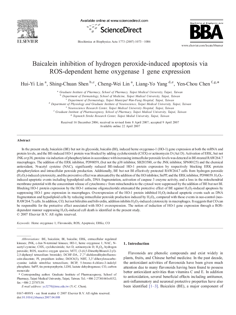 Baicalein inhibition of hydrogen peroxide-induced apoptosis via ROS-dependent heme oxygenase 1 gene expression