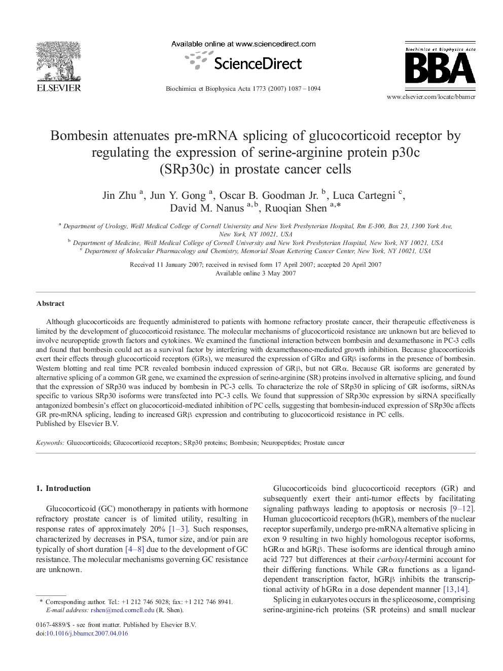 Bombesin attenuates pre-mRNA splicing of glucocorticoid receptor by regulating the expression of serine-arginine protein p30c (SRp30c) in prostate cancer cells