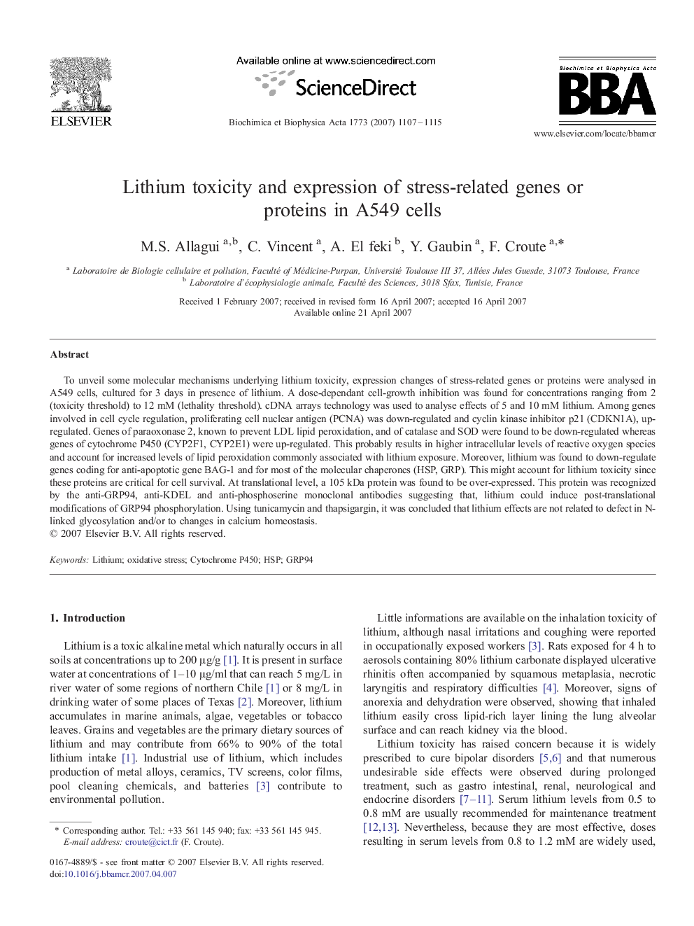 Lithium toxicity and expression of stress-related genes or proteins in A549 cells