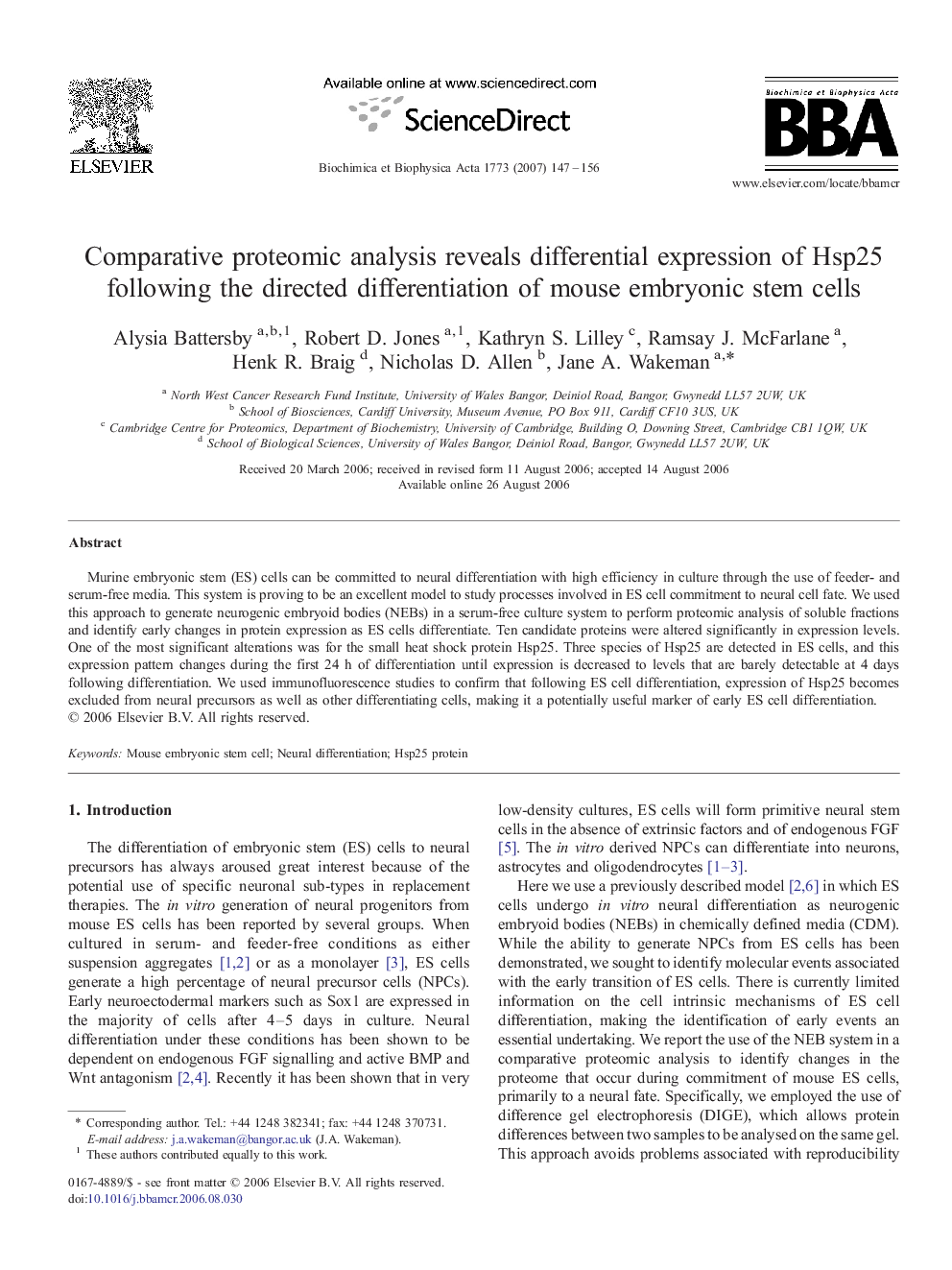 Comparative proteomic analysis reveals differential expression of Hsp25 following the directed differentiation of mouse embryonic stem cells