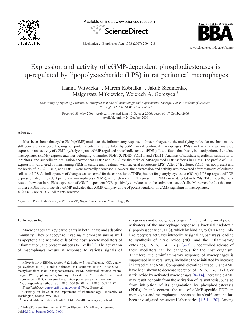 Expression and activity of cGMP-dependent phosphodiesterases is up-regulated by lipopolysaccharide (LPS) in rat peritoneal macrophages