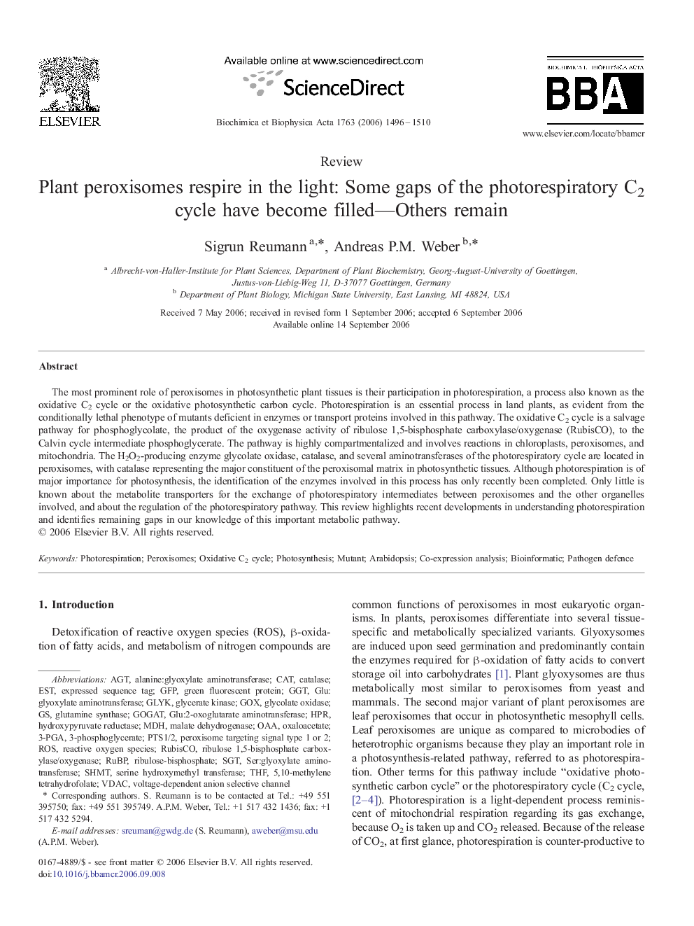 عکس صفحه اول مقاله: Plant peroxisomes respire in the light: Some gaps of the photorespiratory C2 cycle have become filled—Others remain Plant peroxisomes respire in the light: Some gaps of the photorespiratory C2 cycle have become filled—Others remain