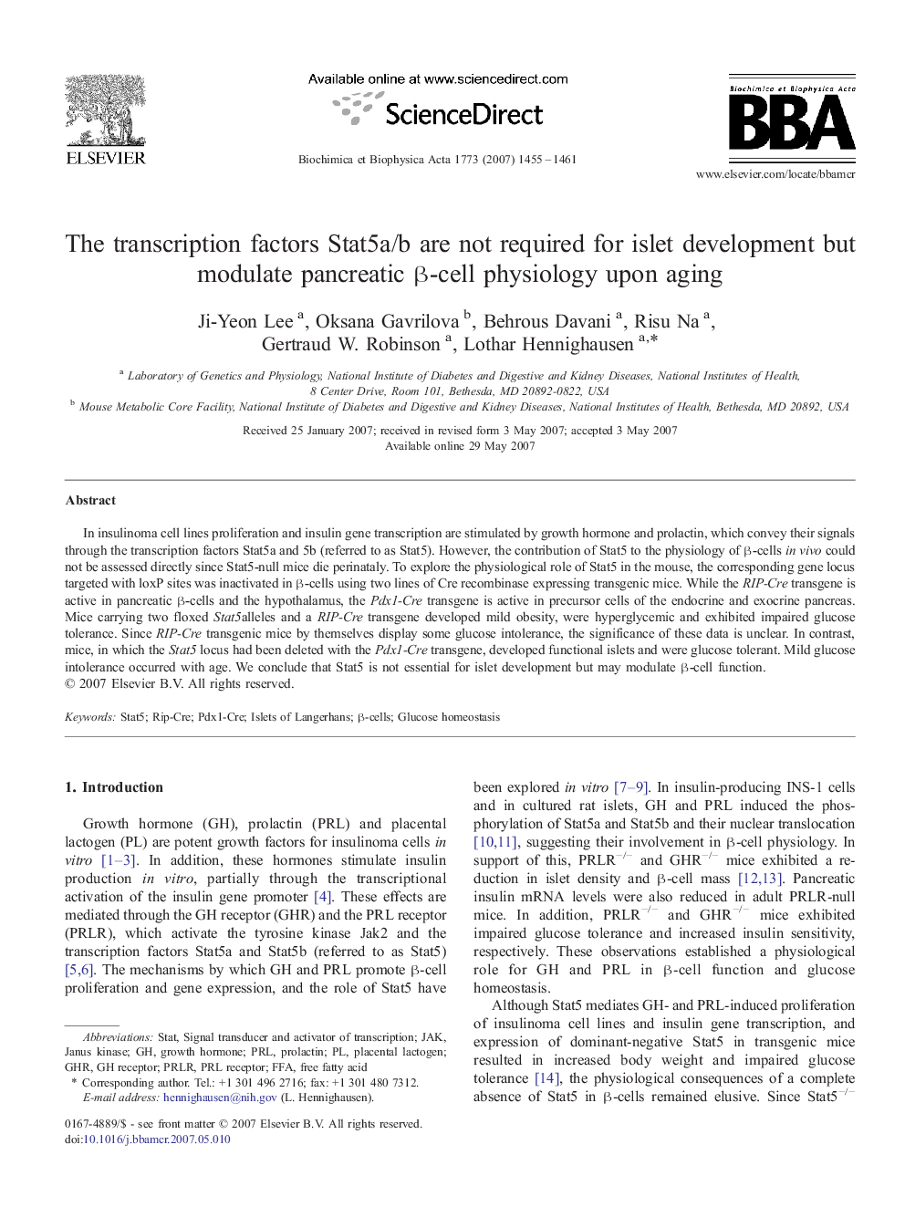 The transcription factors Stat5a/b are not required for islet development but modulate pancreatic β-cell physiology upon aging