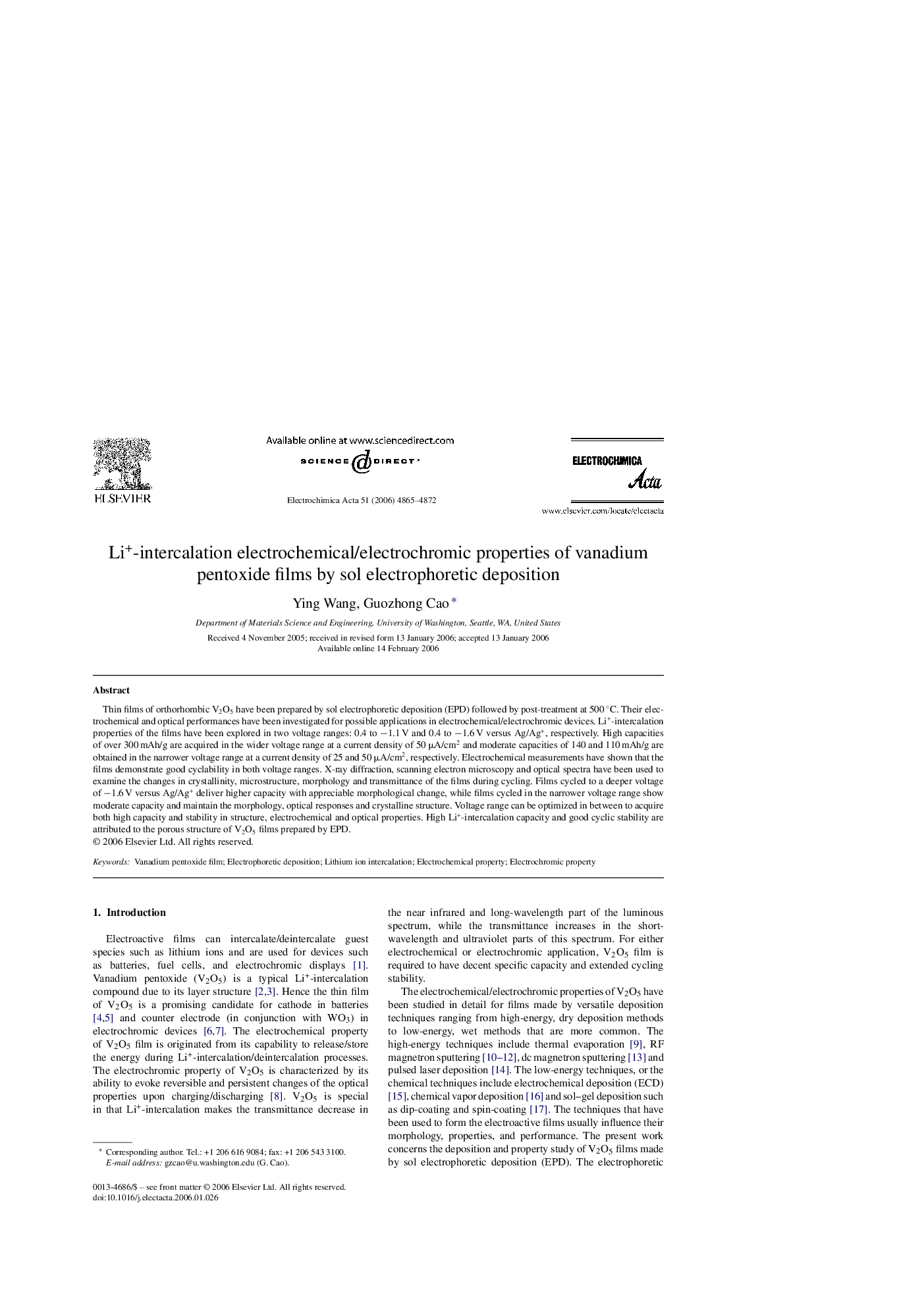 Li+-intercalation electrochemical/electrochromic properties of vanadium pentoxide films by sol electrophoretic deposition