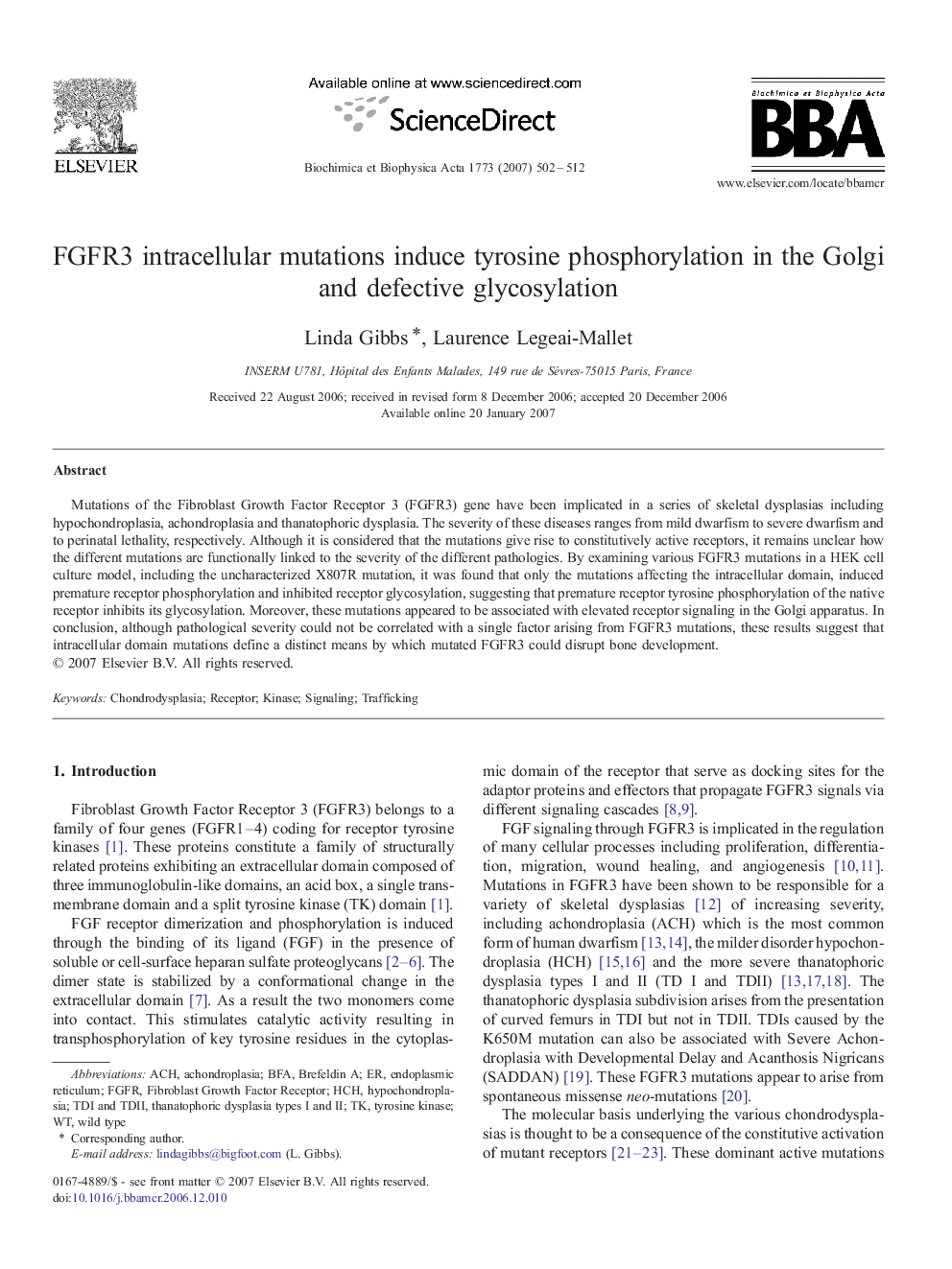 FGFR3 intracellular mutations induce tyrosine phosphorylation in the Golgi and defective glycosylation