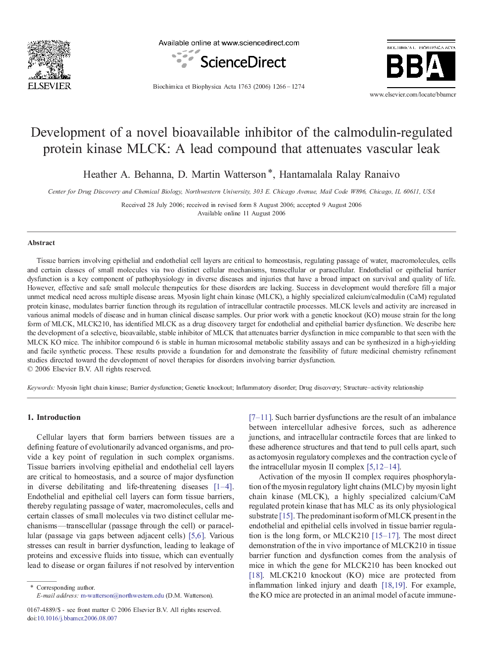 Development of a novel bioavailable inhibitor of the calmodulin-regulated protein kinase MLCK: A lead compound that attenuates vascular leak