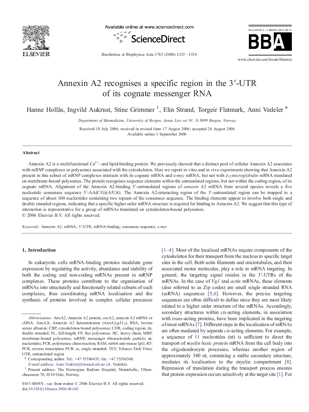 Annexin A2 recognises a specific region in the 3′-UTR of its cognate messenger RNA