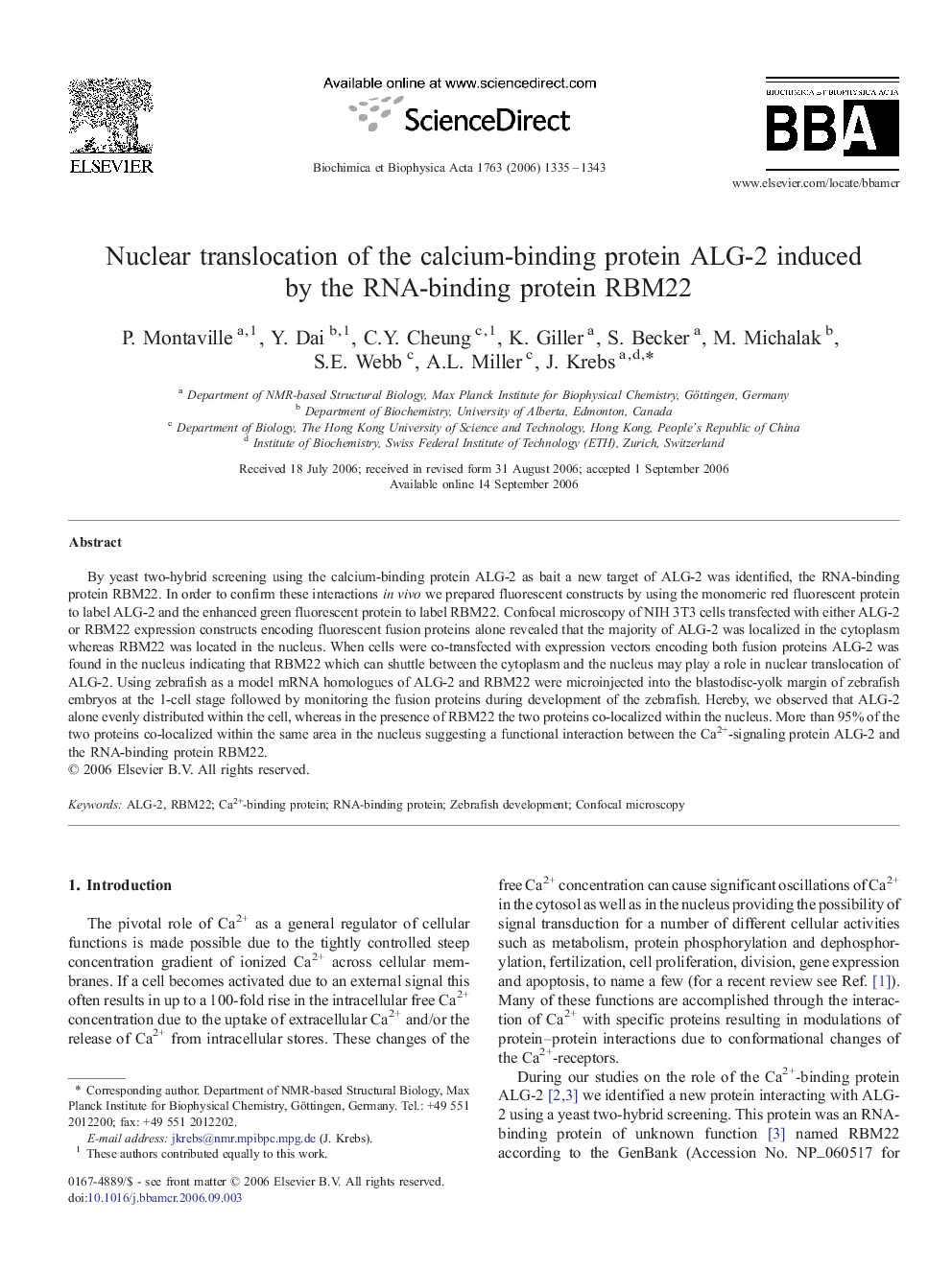 Nuclear translocation of the calcium-binding protein ALG-2 induced by the RNA-binding protein RBM22