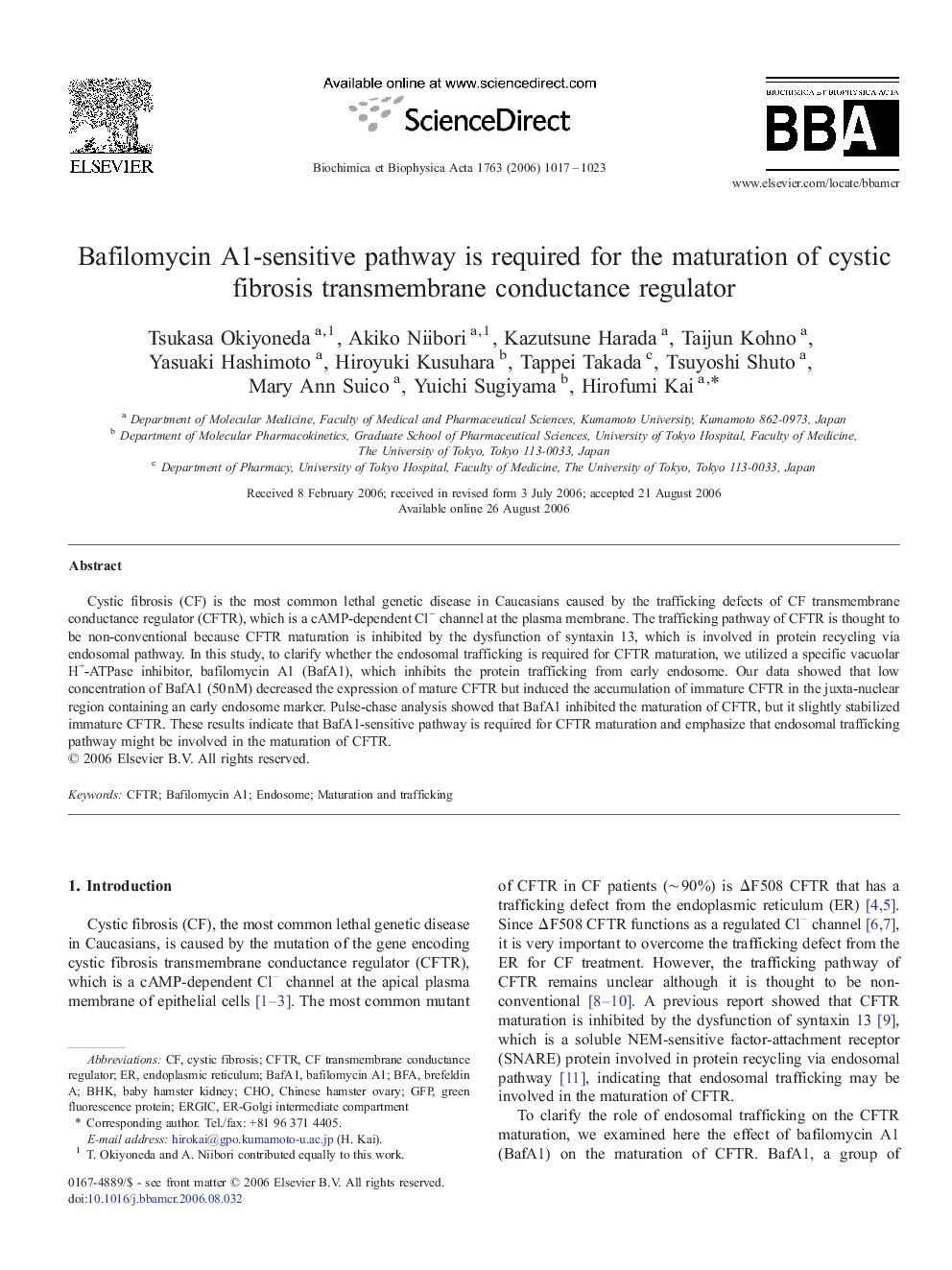 Bafilomycin A1-sensitive pathway is required for the maturation of cystic fibrosis transmembrane conductance regulator