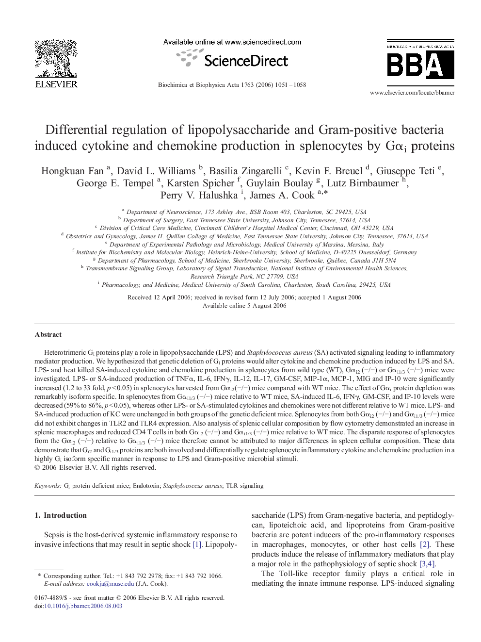 Differential regulation of lipopolysaccharide and Gram-positive bacteria induced cytokine and chemokine production in splenocytes by Gαi proteins