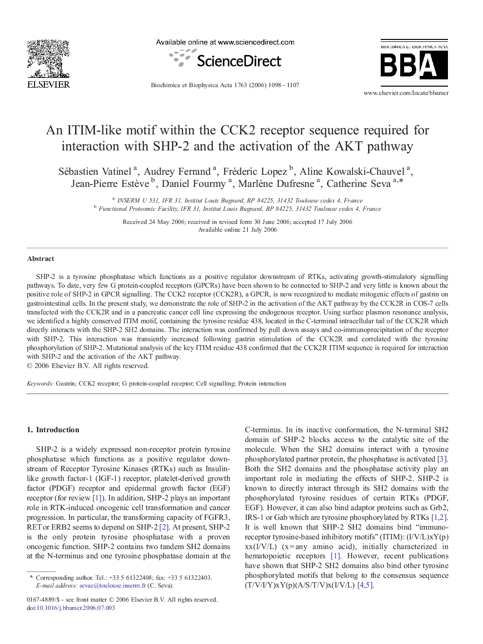 An ITIM-like motif within the CCK2 receptor sequence required for interaction with SHP-2 and the activation of the AKT pathway