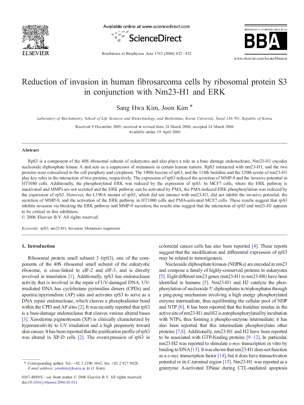 Reduction of invasion in human fibrosarcoma cells by ribosomal protein S3 in conjunction with Nm23-H1 and ERK