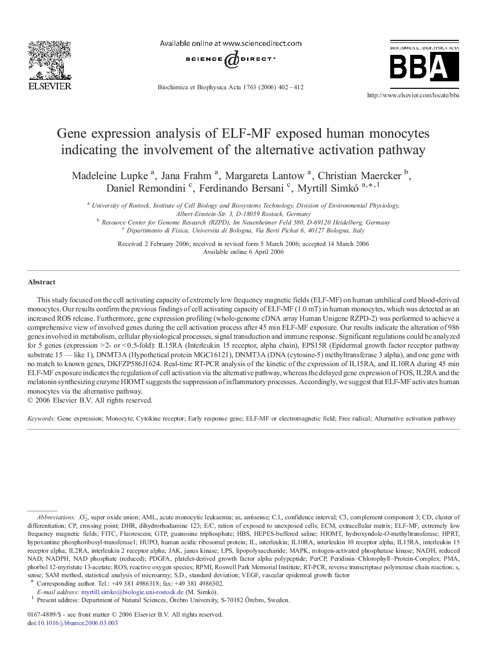 Gene expression analysis of ELF-MF exposed human monocytes indicating the involvement of the alternative activation pathway