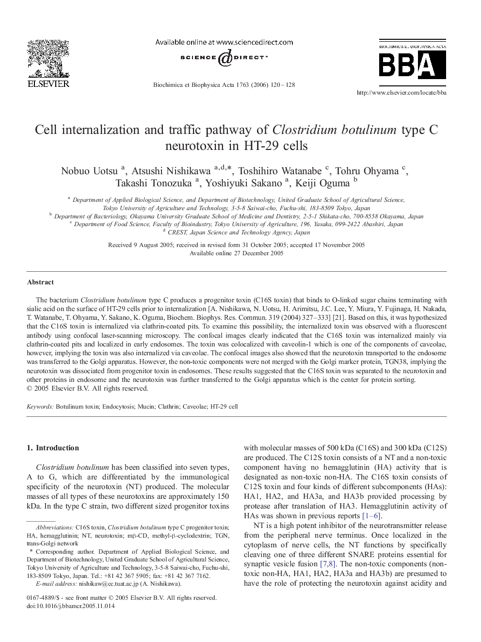 Cell internalization and traffic pathway of Clostridium botulinum type C neurotoxin in HT-29 cells