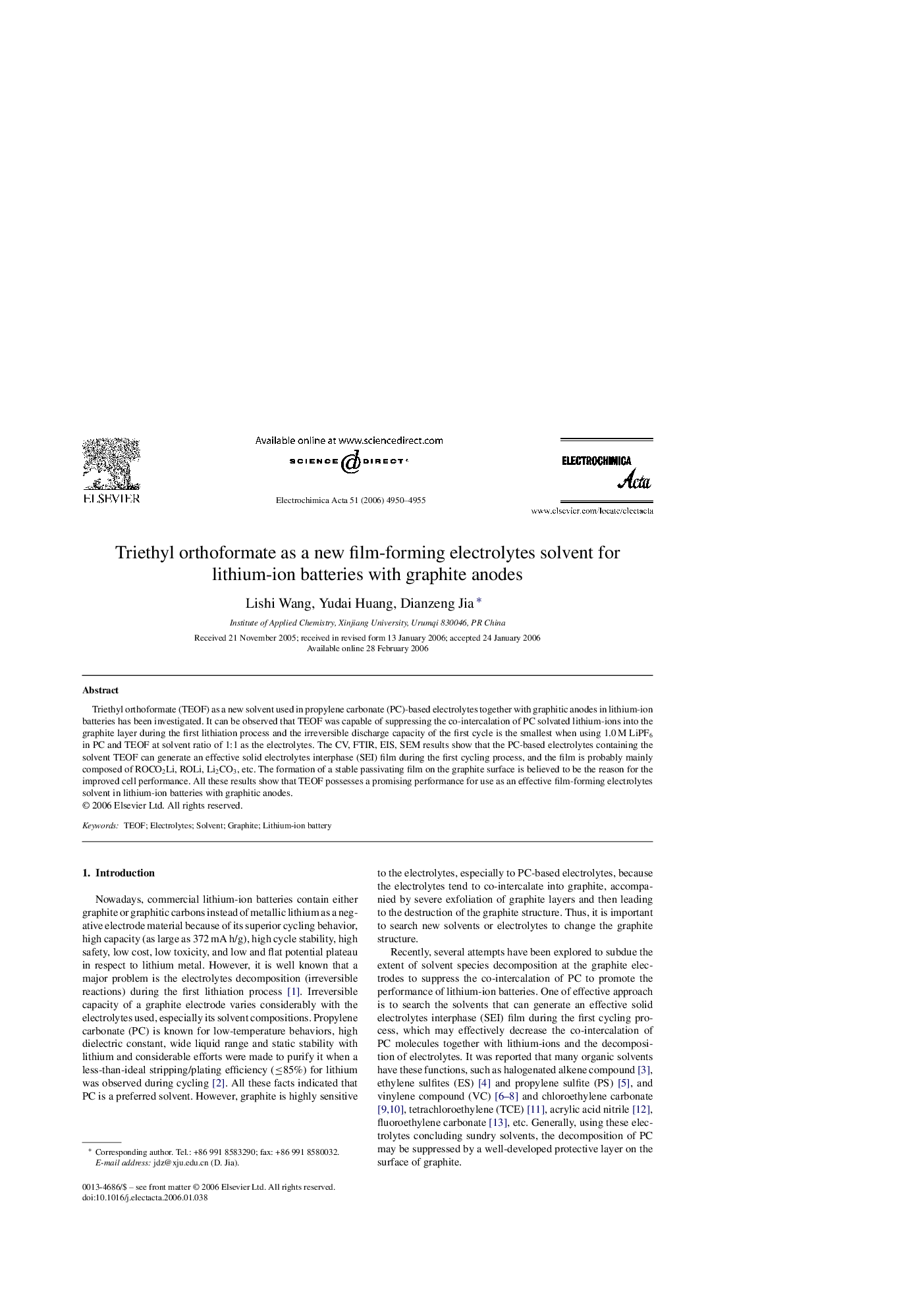 Triethyl orthoformate as a new film-forming electrolytes solvent for lithium-ion batteries with graphite anodes