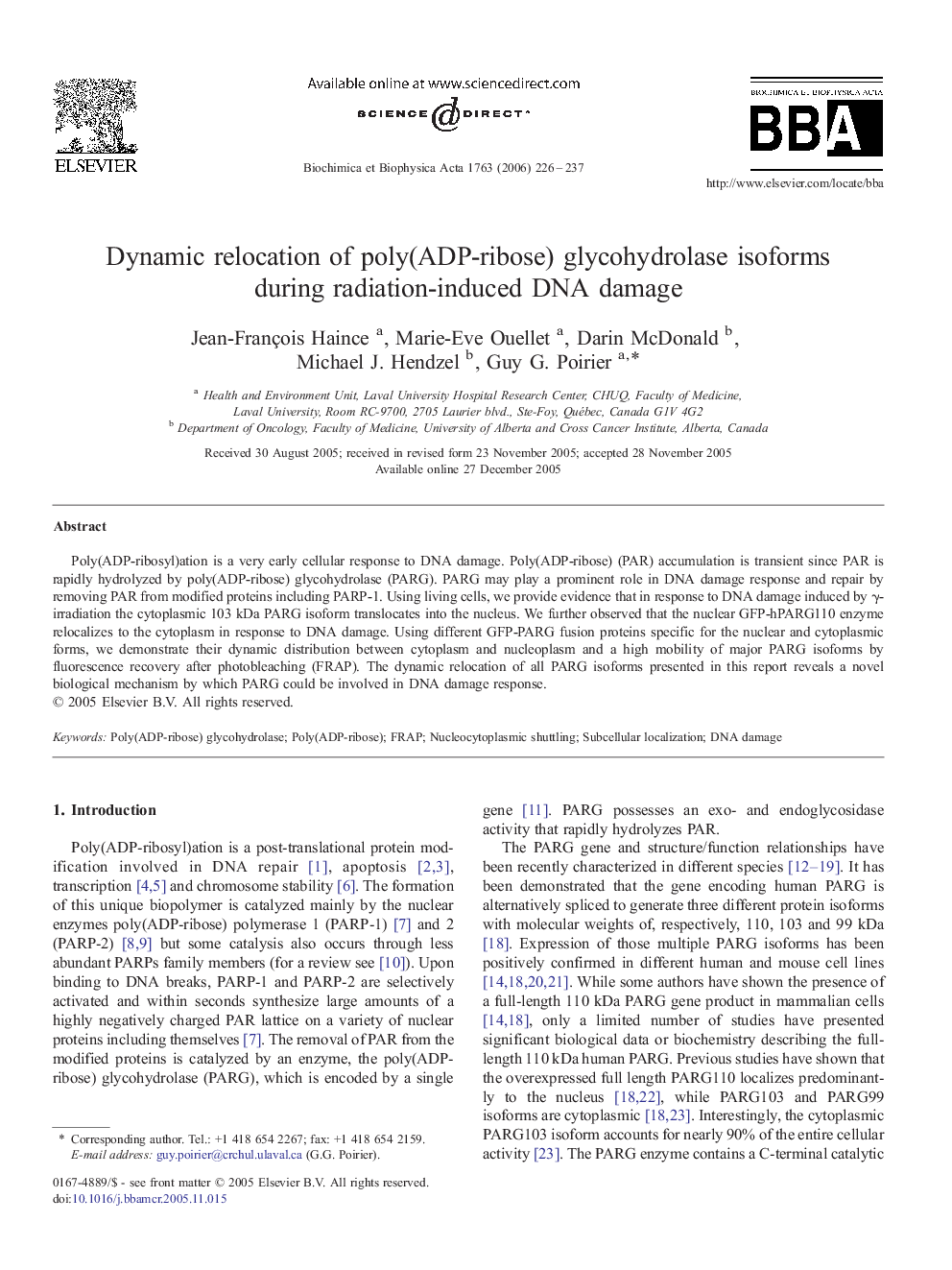 Dynamic relocation of poly(ADP-ribose) glycohydrolase isoforms during radiation-induced DNA damage