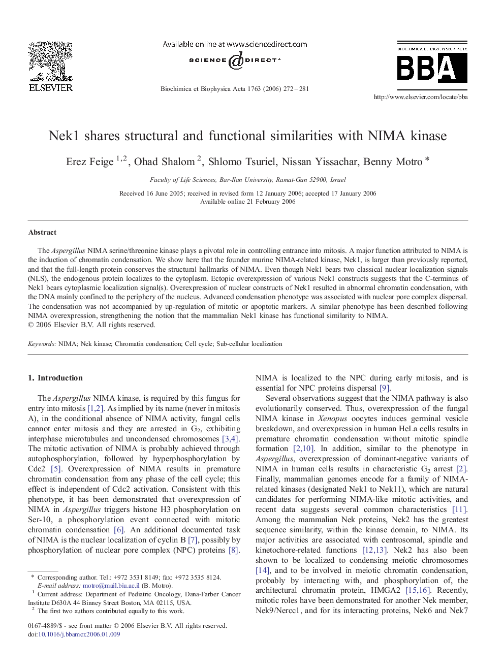 Nek1 shares structural and functional similarities with NIMA kinase