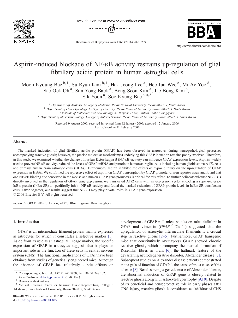 Aspirin-induced blockade of NF-ÎºB activity restrains up-regulation of glial fibrillary acidic protein in human astroglial cells