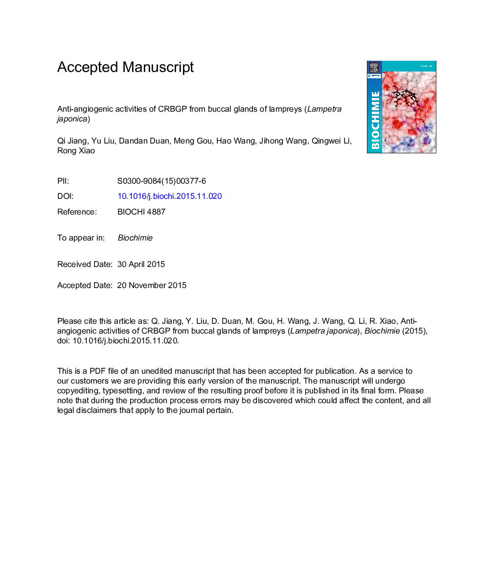 Anti-angiogenic activities of CRBGP from buccal glands of lampreys (Lampetra japonica)