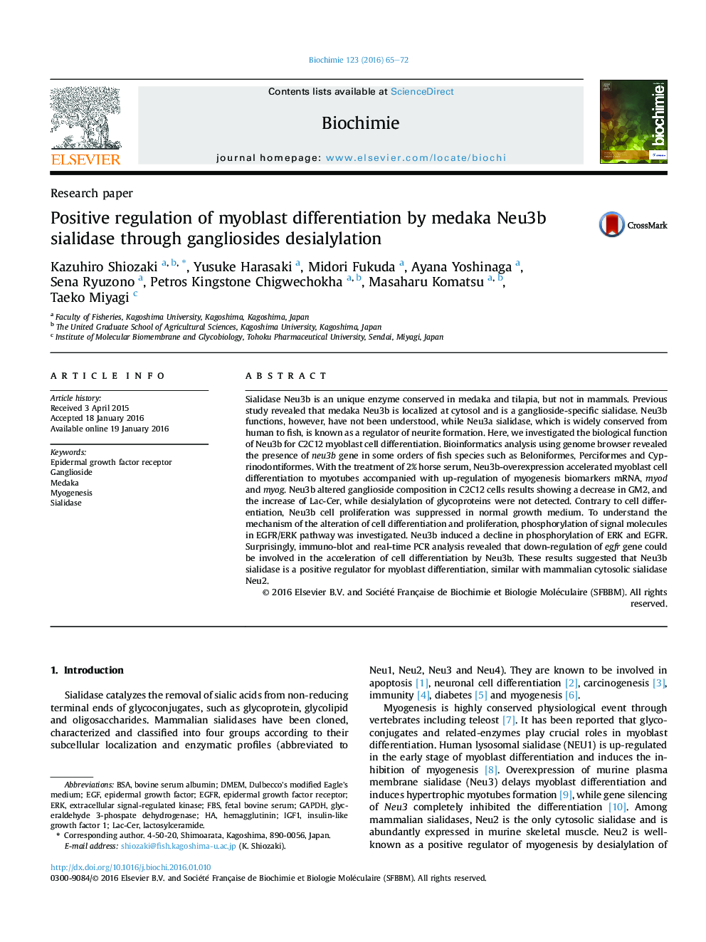 Positive regulation of myoblast differentiation by medaka Neu3b sialidase through gangliosides desialylation
