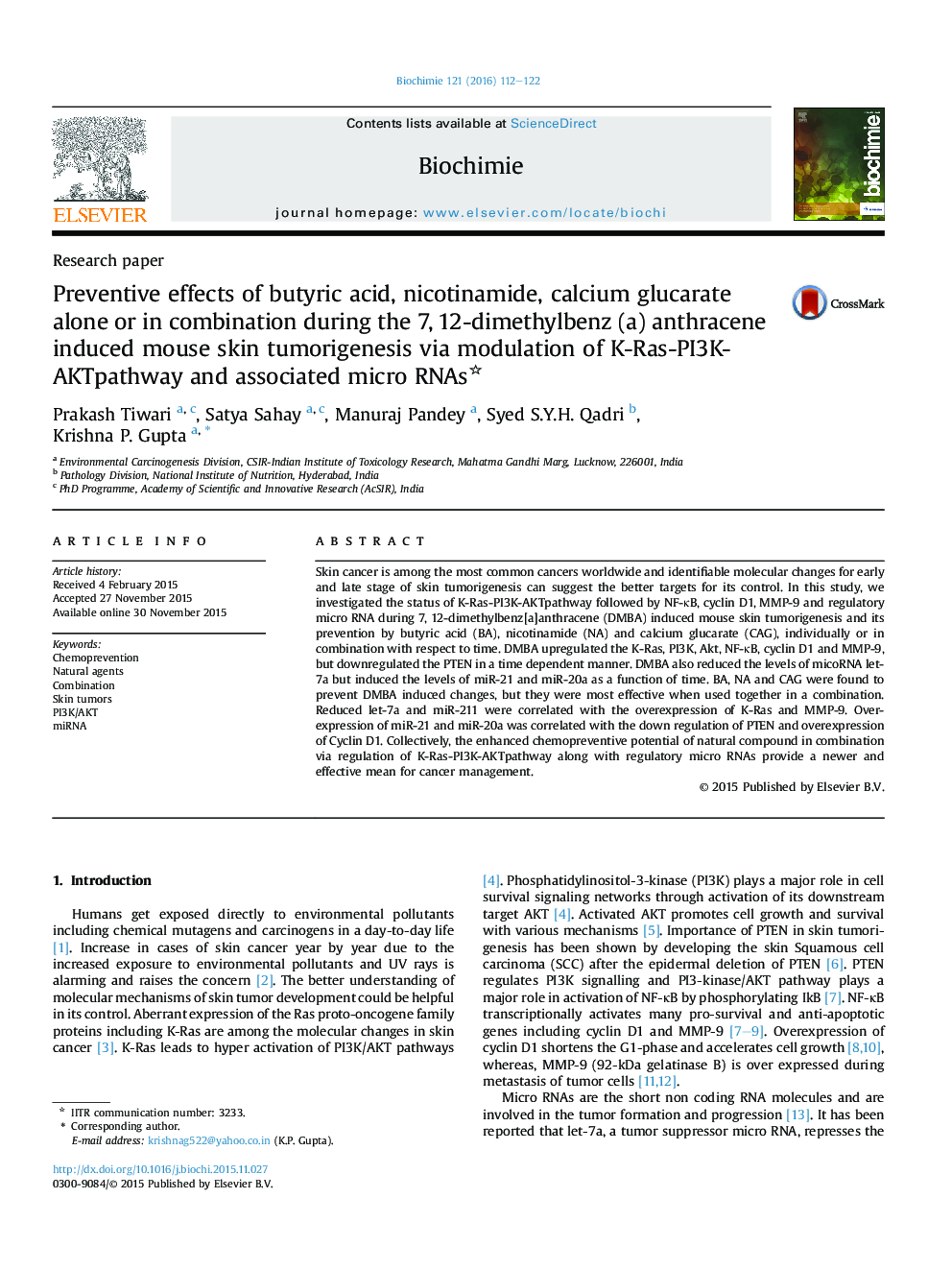 Preventive effects of butyric acid, nicotinamide, calcium glucarate alone or in combination during the 7, 12-dimethylbenz (a) anthracene induced mouse skin tumorigenesis via modulation of K-Ras-PI3K-AKTpathway and associated micro RNAs