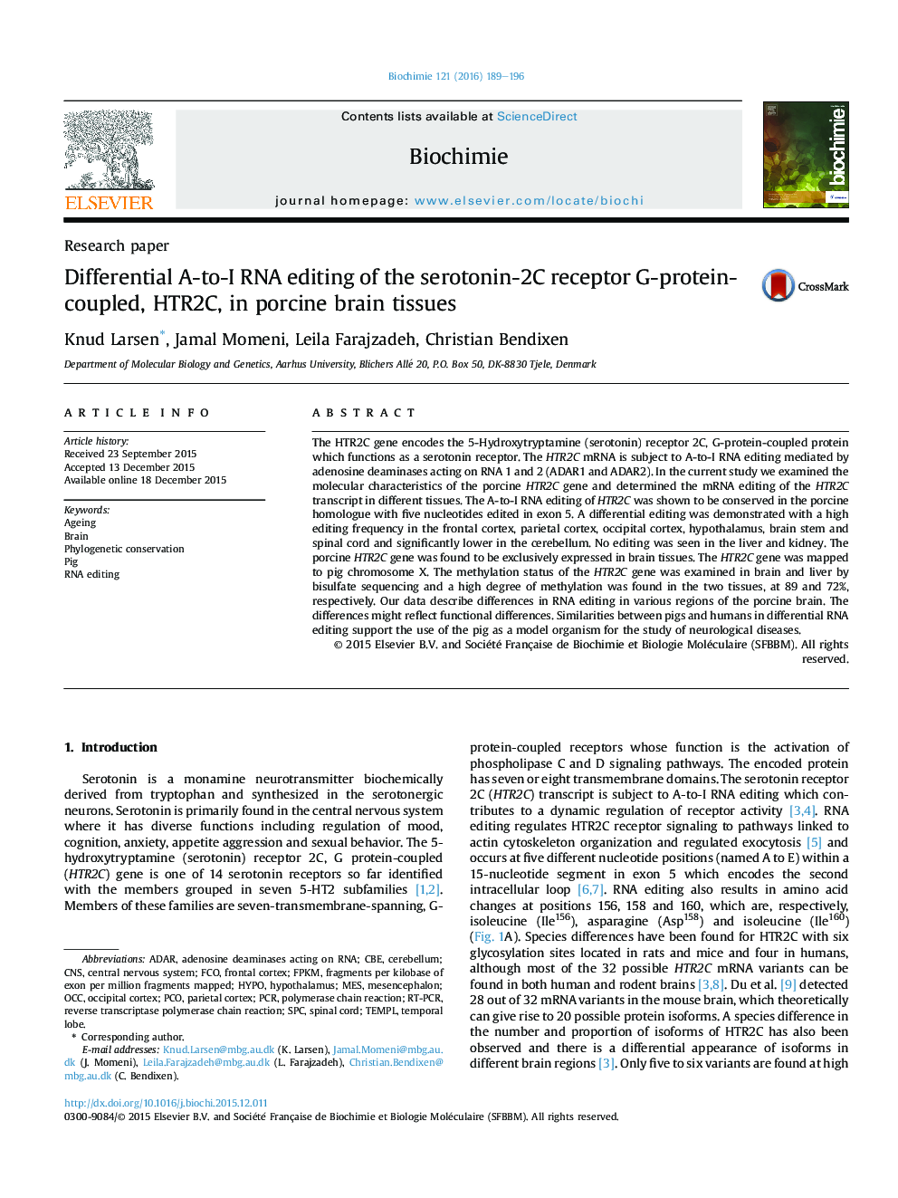 Differential A-to-I RNA editing of the serotonin-2C receptor G-protein-coupled, HTR2C, in porcine brain tissues